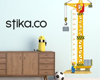 Construction Yellow Crane Wall Height Chart Self-adhesive Matt Vinyl Sticker - Kids room decor