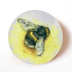 May include: A close-up of a bumblebee with black and yellow stripes, drawn in watercolour on a white background with yellow accents.
