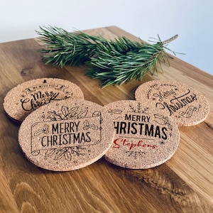 Gepersonaliseerde Merry Christmas-kurkenonderzetters - Set van 4, aangepast vakantiedecoratie, perfect kerstcadeau voor familie en vrienden