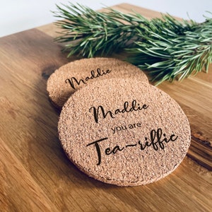 Personalised ‘Tea-riffic’ Cork Coasters – Perfect Secret Santa Gift, Christmas Stocking Filler, or Holiday Home Decor (Set of 2)