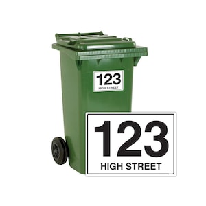 Custom Wheelie Bin Stickers – Personalised Waterproof Bin Numbers, Street Name, Self-Adhesive Vinyl for Bins & Recycle Containers (Set of 4)