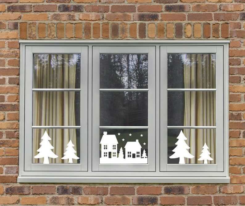Christmas House & Tree Silhouette Window Cling Stickers Reusable Static