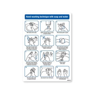 Handwaschtechnik mit Wasser und Seife, NHS empfohlen, Toiletten- und Waschraum-Hygiene-Sicherheitsschilder - selbstklebendes Vinyl, A5-210 x 148 mm