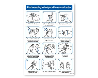 May include: A white rectangular sign with a blue border and text detailing hand-washing technique with soap and water. The sign includes 12 illustrated steps, from wetting hands to drying with a towel. The text indicates hand washing should take 15-30 seconds.