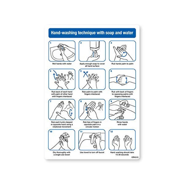Hand-washing technique with soap and water, NHS recommended, Toilet and Washroom Hygiene Safety Signs - Self-adhesive Vinyl, A5-210 x 148mm