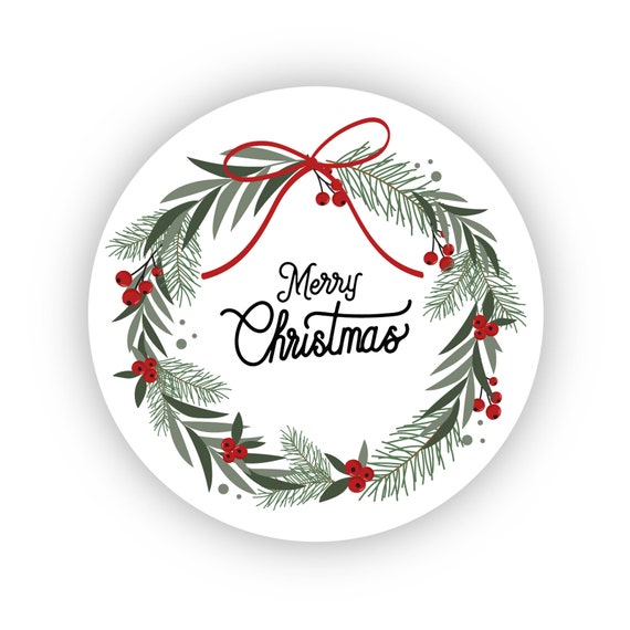 Pack of 24, 72, 240 Paper Labels, Merry Christmas Wreath Self Adhesive  Stickers, Christmas Stickers, Holiday, Christmas Stationary 