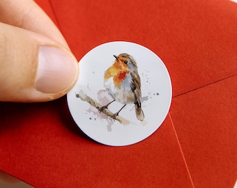 Pegatinas navideñas de petirrojo: etiquetas de pájaros en acuarela para manualidades navideñas