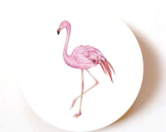 Okrągłe naklejki z różowym flamingiem: dekoracyjne etykiety na imprezy