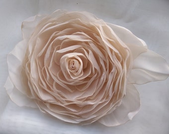 Large Cream Organza Rose Flower Brooch, Bridal Clip, Wedding Accessory, Floral Brooch, Dress Brooch, Hairstyles For Bride, Embellished