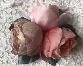 Pastel Light Pink Mauve Organza Roses Three Flowers Brooch,Wedding Accessory, Dress Brooch, Embellished,Women's Accessory,Charming Accessory