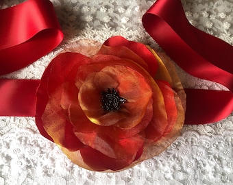 Red Poppy Flower Sash, Bridal Belt, Wedding Accessory, Luxury Flower Girl Sash, Maternity Sash, Country Wedding Sash, Large Poppy
