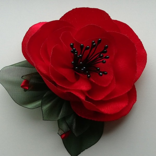 Red Poppy Satin Flower Brooch, Wedding Accessory, Dress Brooch, Floral Accessory,Hairstyles For Bride,Mother of the Bride,Rustic Wedding