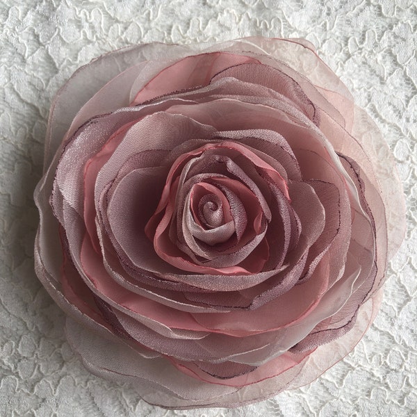 Pastel Mauve Pink Organza Rose Brooch, Wedding Flower, Hairstyles For Bride, Mother of the Bride, Dress Brooch, Charming accessory