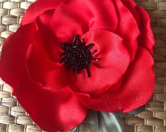 Large Satin Red Poppy Flower Brooch, Wedding Accessory, Dress Brooch,Hairstyles For Bride,Mother of the Bride,Rustic Wedding, Realistic look