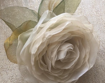 Large Light Ivory Organza Rose Brooch: Bridal Clip, Wedding Accessory, Charmind Accessory Handmade