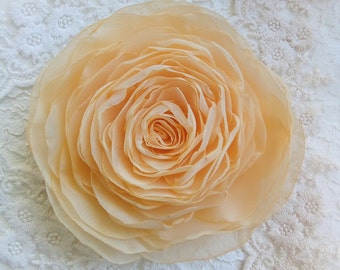 Large Champagne Organza Flower Brooch , Floral Brooch, Dress Brooch, Fabric Flower Brooch, Mother of the Bride, Charming accessory
