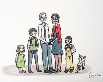 Custom Family Portrait Illustration - cartoon watercolor family portrait, 8x10"