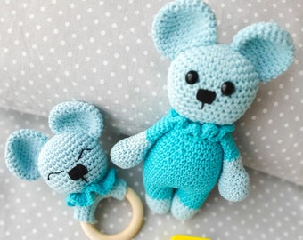 2 in 1 Crochet Pattern Mouse toy, stuffed toy crochet Tutorial, Amigurumi crochet pattern mouse, Baby rattle toy pattern