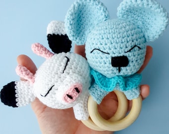 Crochet Rattle Pattern, cute mouse and cow set