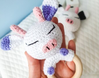 Crochet cow lovey, cow baby Crochet Stuffed Animal, Teether Pattern Cow, Crochet Baby Rattle Cow, Amigurumi Cow Pattern