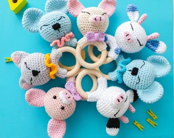 Crochet Rattle Pattern Set Pig Cow Mouse Cat, Crochet Teethe Ring Patterns, Crochet Download Patterns PDF