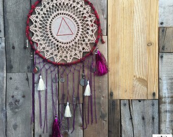 cranberry-dyed lace doily dream catcher // 'fire' alchemy element sign wall decor // boho decor