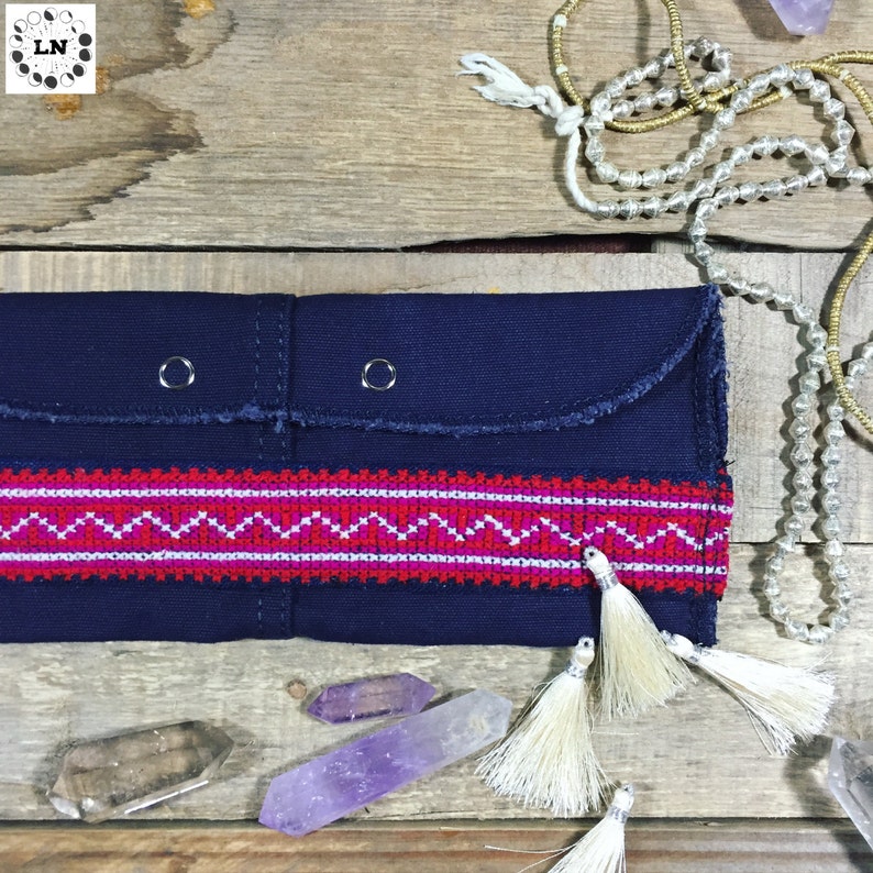 boho wallet // bohemian clutch // hippie handbag // military canvas, hmong indigo textile image 4