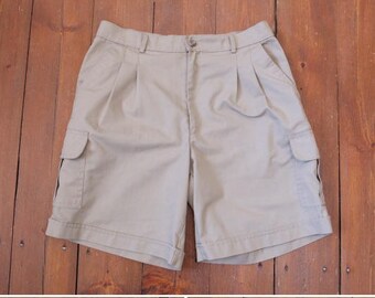 90s Safari Shorts Beige Bermuda Shorts Baggy Long Shorts Cuffed Wide Leg Shorts Womens Medium W29 W30 Loose Fit Shorts Mens Small Shorts S M