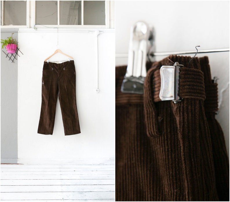 50s 60s Corduroy Pants W36 Retro Brown Corduroy Trousers XL Button Up Cord Slacks with faux leather details Wide Straight Leg Cords