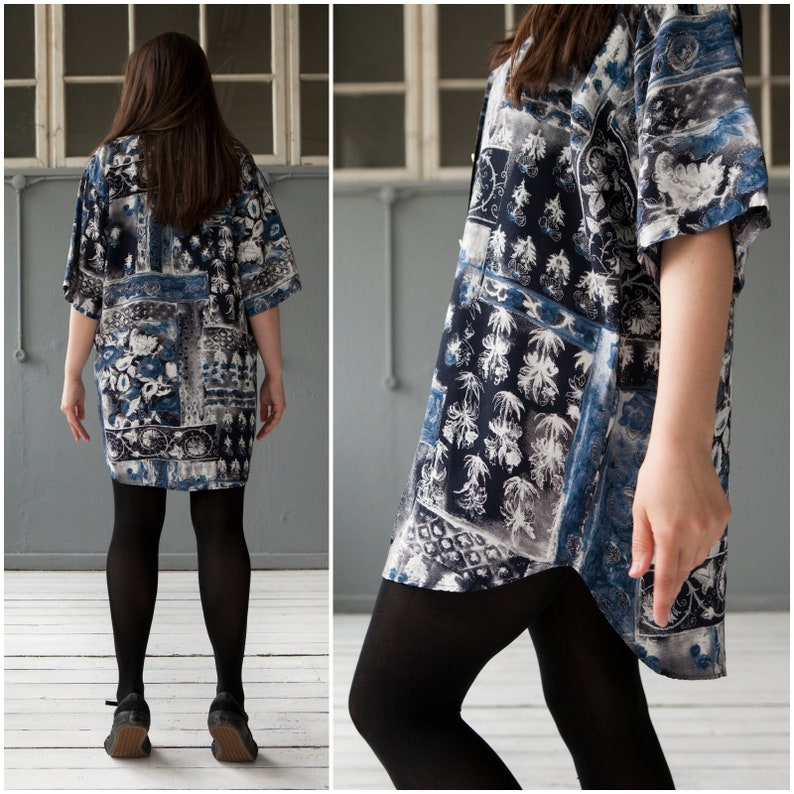 90s Abstract Shirt XL Oversize Button Up Top Made In Finland Rayon Overshirt Button Down Navy Blue Gray White Patterned Blouse Festival Top