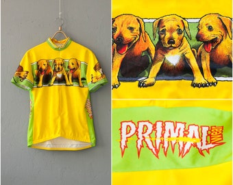 Vintage Cycling Top Womens XL Puppy Print Cycling Jersey Short Sleeves Cyclist Jersey Top Yellow Puppies Print Athletic Top Gift for Cyclist