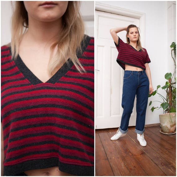 80s Crop Top 90s Cropped Top Baggy Oversize Crop Top Womens Medium Large Striped Capped Sleeve Pullover Red Black Gray V-neck Crop Top M L