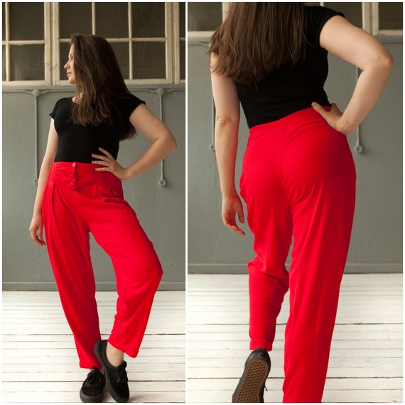 80s Red Pleated Pants Size S Made in FRANCE High Waisted Mom Pants