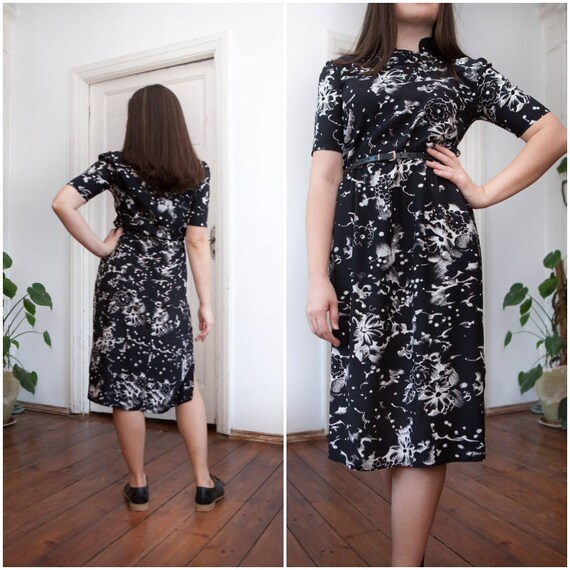 Black Floral Dress 90s Black & White Midi Dress E… - image 2