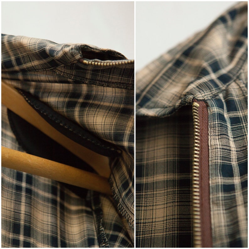 90s Plaid Shirt Womens Large Zip Up Shirt Oversize Tartan Blouse Brown Black Short Sleeve Top Checked Print Zippered Over Shirt Size L