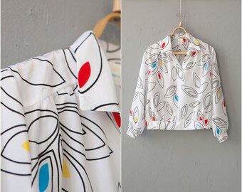 80s White Floral Blouse size M Balloon Sleeve Patterned Top Semi Sheer Baggy Summer Blouse Boxy V neck Blouse with Collar made in SWEDEN