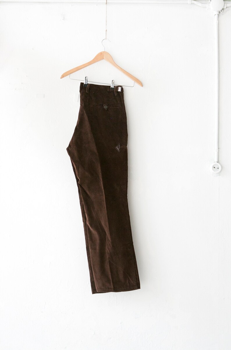 50s 60s Corduroy Pants W36 Retro Brown Corduroy Trousers XL Button Up Cord Slacks with faux leather details Wide Straight Leg Cords