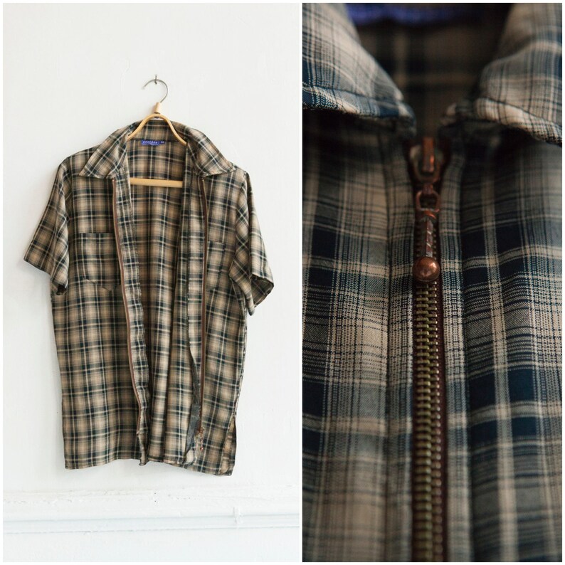 90s Plaid Shirt Womens Large Zip Up Shirt Oversize Tartan Blouse Brown Black Short Sleeve Top Checked Print Zippered Over Shirt Size L