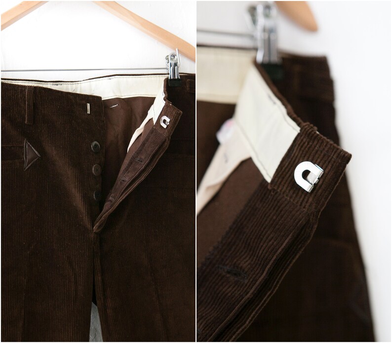 50s 60s Corduroy Pants W36 Retro Brown Corduroy Trousers XL Button Up Cord Slacks with faux leather details Wide Straight Leg Cords