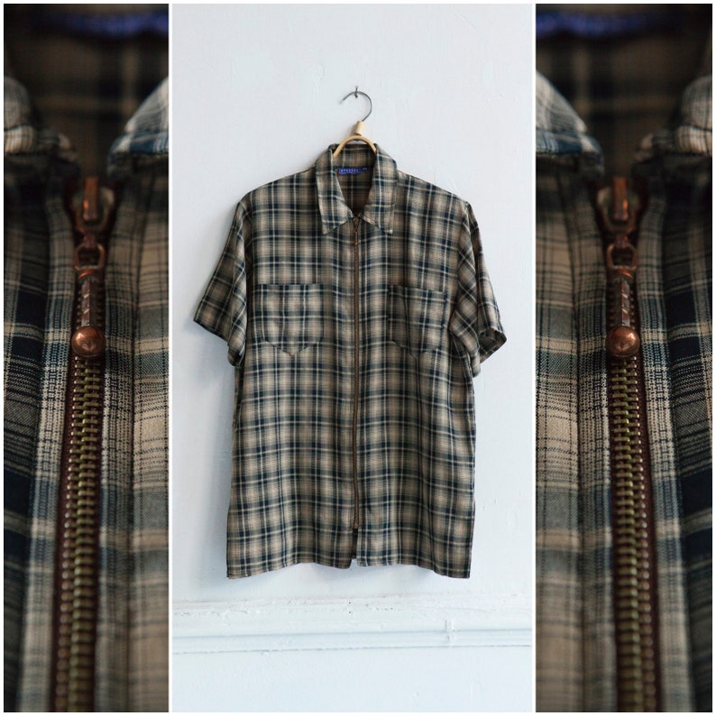 90s Plaid Shirt Womens Large Zip Up Shirt Oversize Tartan Blouse Brown Black Short Sleeve Top Checked Print Zippered Over Shirt Size L