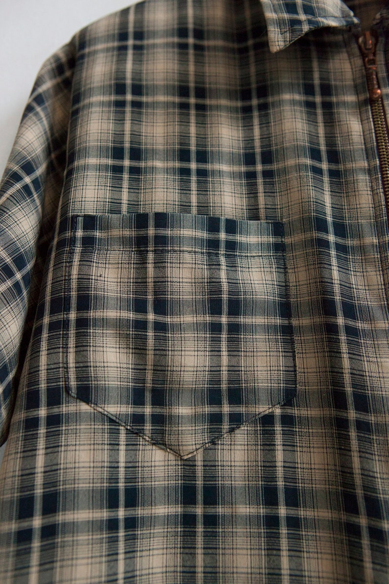 90s Plaid Shirt Womens Large Zip Up Shirt Oversize Tartan Blouse Brown Black Short Sleeve Top Checked Print Zippered Over Shirt Size L