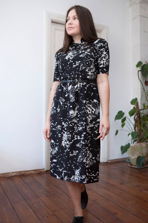 Black Floral Dress 90s Black & White Midi Dress E… - image 1