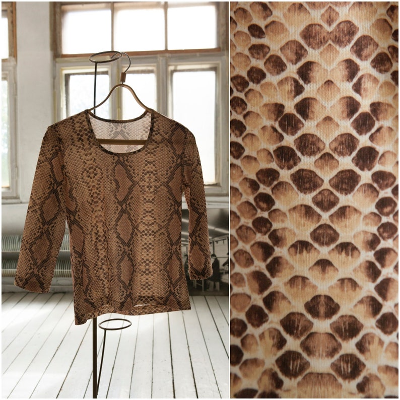 90s Womens Top Animal Print Top Womens XS S Snake Skin Print Top Beige Brown Snake Skin Patterned Pullover Top 3/4 Sleeves Elastic Top XS S image 4