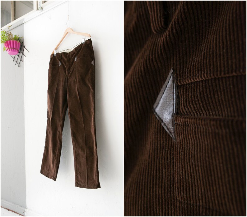 50s 60s Corduroy Pants W36 Retro Brown Corduroy Trousers XL Button Up Cord Slacks with faux leather details Wide Straight Leg Cords