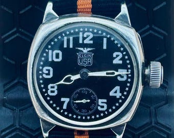 Vintage mechanisch horloge in militaire stijl Elgin, VS, sterlingzilveren kast (1932)
