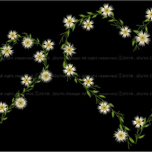 May include: Two heart-shaped floral designs on a black background. Each heart is formed by a vine of green leaves and white flowers with yellow centers. The design is a digital illustration.