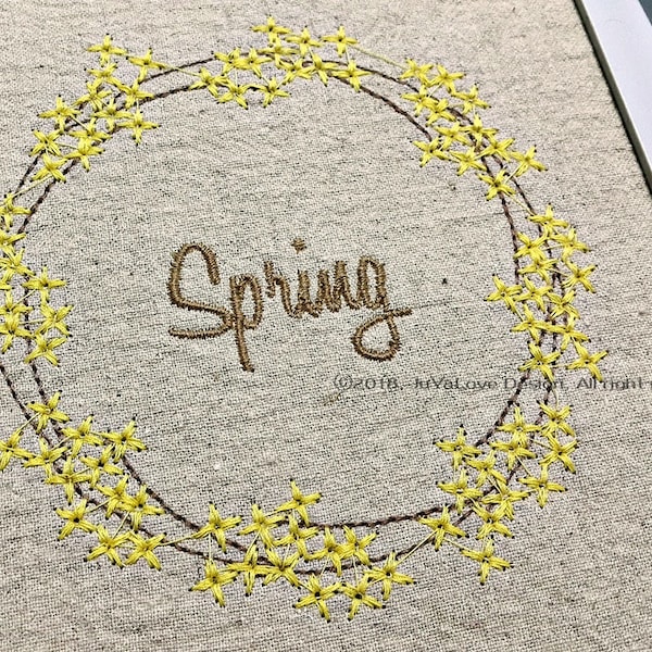 Machine Embroidery Pattern, Flower wreath, Monogram wreath, Forsythia embroidery, Initial frame, wild flower pattern, Instant download