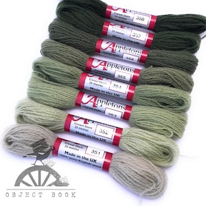 May include: A set of eight skeins of green and gray wool yarn, each labeled with "Appletons" and a number from 351 to 358. The labels also state "Crewel Skein", "25 metres", and "Made in the UK". The skein labeled 351 also states "100% pure English wool".