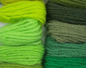 Greens 10pc Set of Appletons Wool Skeins Crewel 2ply or Tapestry 4ply yarn