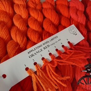Orange Red Set of Appletons Wool Hanks Range No. 440 (441- 447) Crewel 2ply or Tapestry 4ply yarn